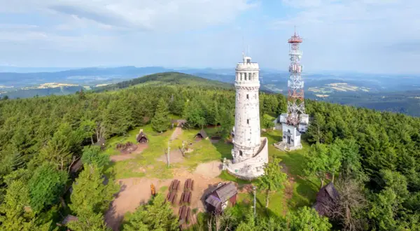 Wielka sowa, jak wieża widokowa, góruje nad lasem. Obok niej maszt telekomunikacyjny i małe chatki.