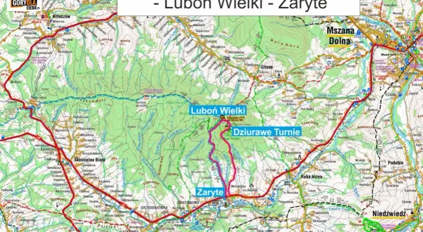 Mapa szlaku turystycznego Zaryte - Dziurawe Turnie - Luboń Wielki. Widok na góry i doliny.