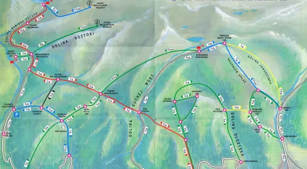 Mapa szlaków turystycznych Tatr Polskich. Kolorowe linie pokazują trasy Tatry, łącząc popularne punkty jak Morskie Oko, Dolina Kościeliska i Kuźnice.