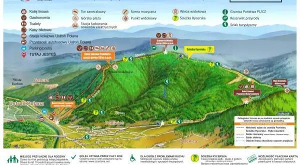 Mapa turystyczna Wielkiej Czantorii z zaznaczonymi szlakami, kolejką linową i atrakcjami.