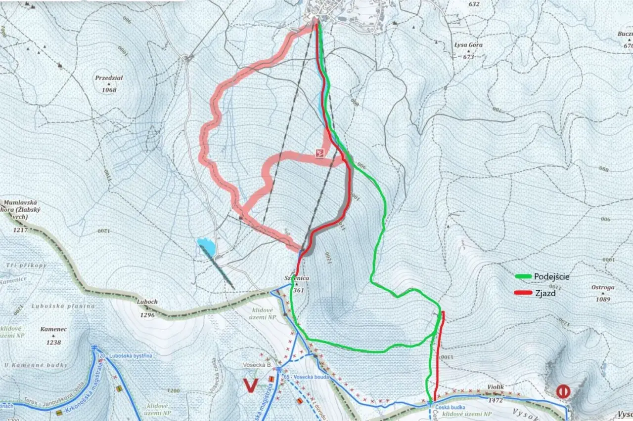Mapa turystyczna z zaznaczonymi trasami Podejście (zielona) i Zjazd (czerwona) w rejonie Łabskiego Szczytu.