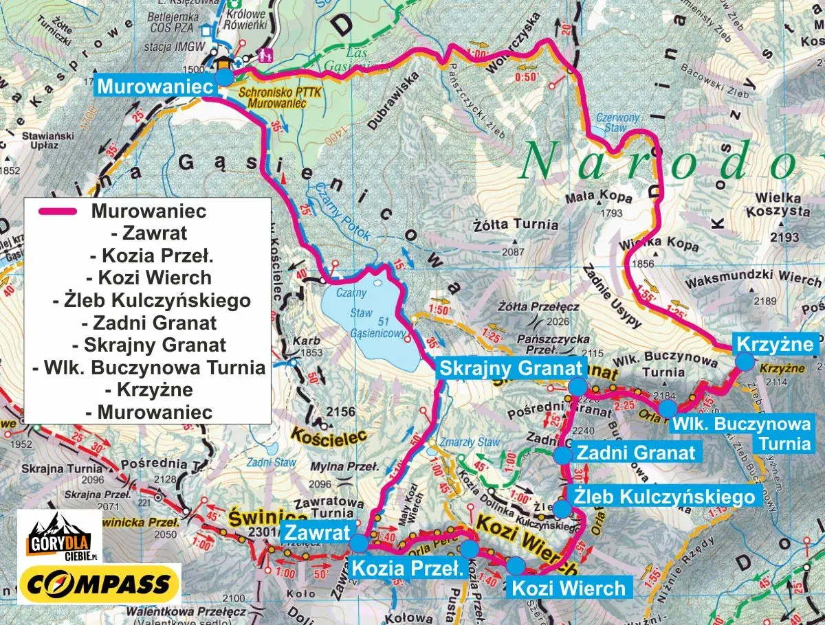 Mapa szlaków w Tatrach: Murowaniec, Zawrat, Kozi Wierch, Zadni Granat, Krzyżne. Trasy górskie dla ambitnych.