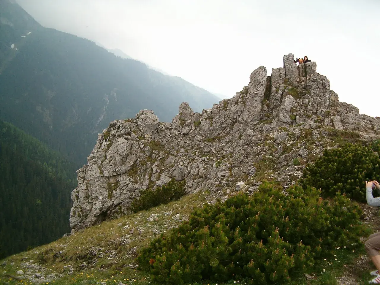 Sarnia skała wznosi się dumnie, otoczona zielenią. Na szczycie widać ludzi podziwiających panoramę.