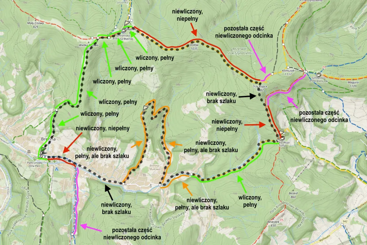 Mapa przedstawia różne rodzaje szlaków turystycznych: wliczone, niewliczone, pełne, niepełne i z brakującym odcinkiem.