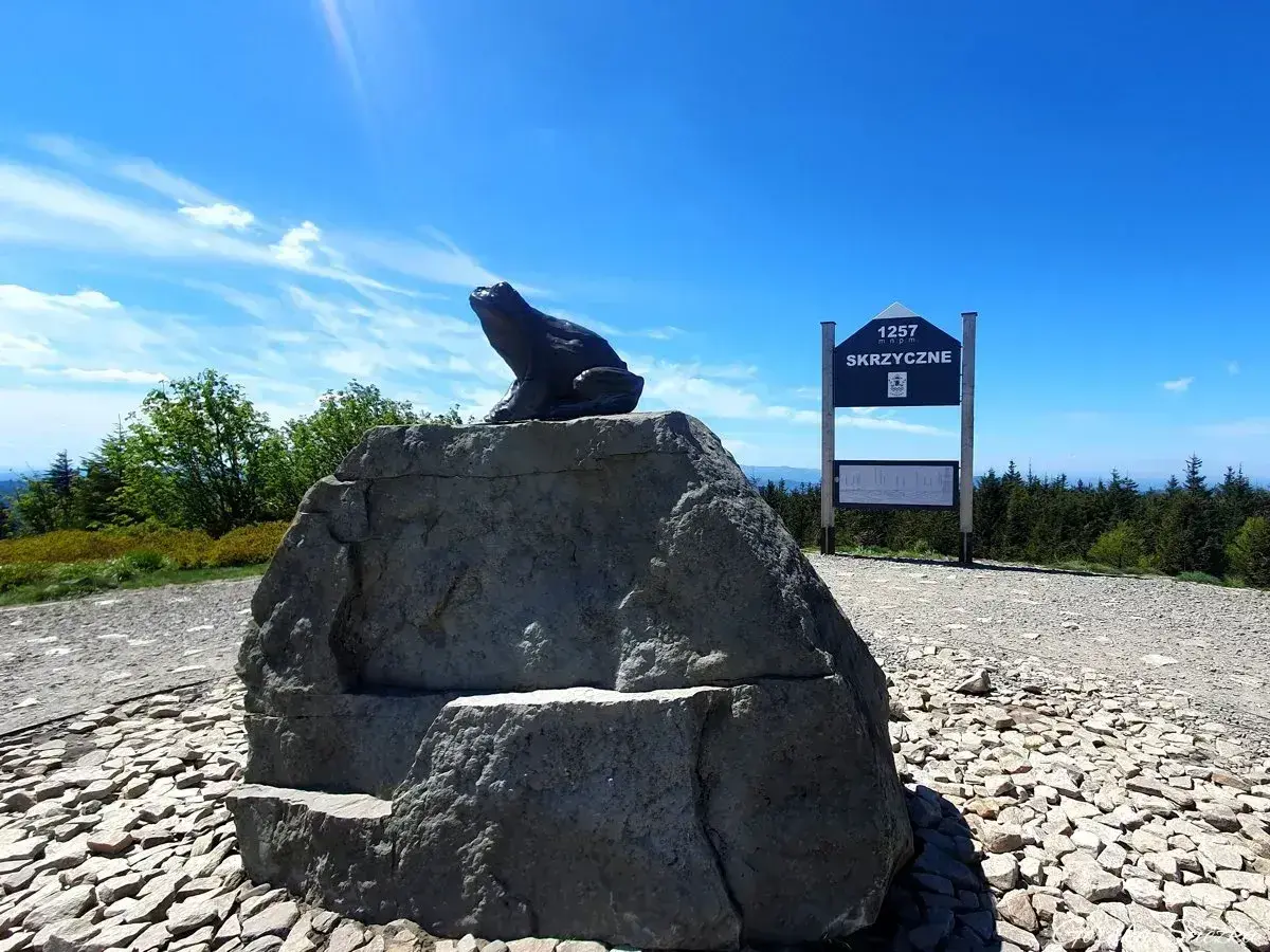 Żaba na skale podziwia skrzyczne widoki. Tablica informuje o wysokości 1257 m n.p.m.