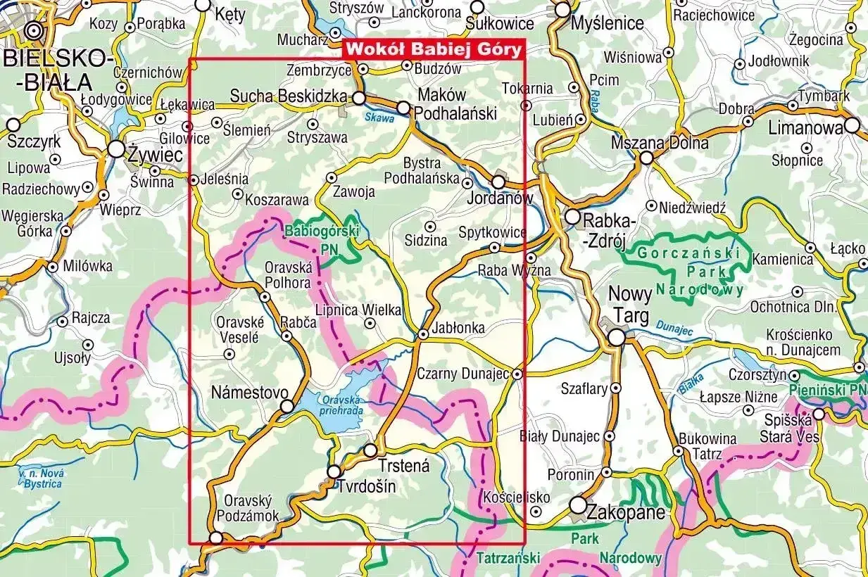 Mapa turystyczna z zaznaczonymi trasami i miejscowościami. Pokazuje skąd na Babią Górę, z zaznaczonymi szlakami i parkami narodowymi.