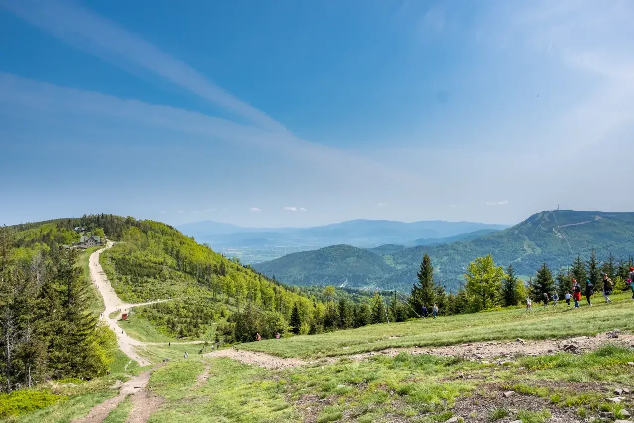 Widok na Beskid Śląski z trasą na Klimczok. W oddali widać szczyt z wieżą. Grupa turystów wędruje po zielonych zboczach.