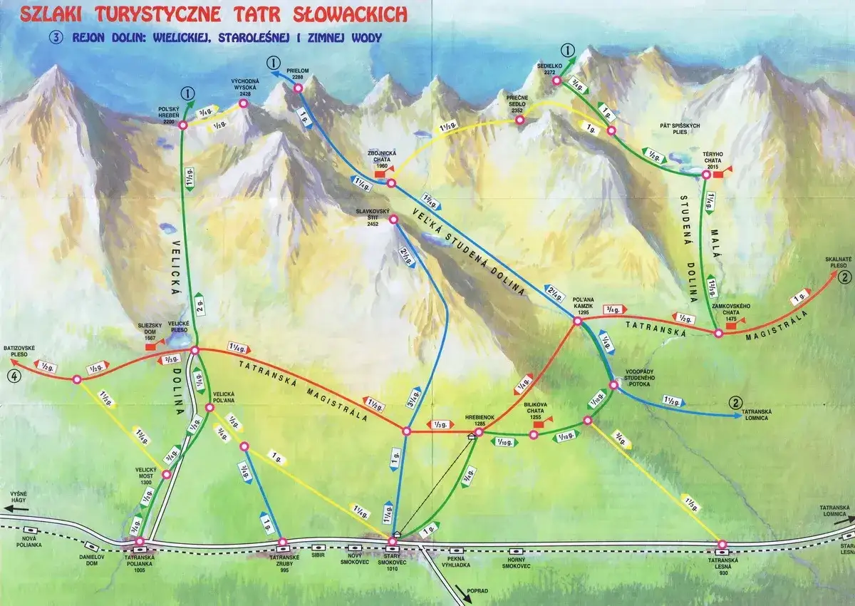 Mapa Tatr Słowackich z zaznaczonymi szlakami turystycznymi. Znajdziesz tu łatwe szlaki w Tatrach, idealne na rodzinne wędrówki.