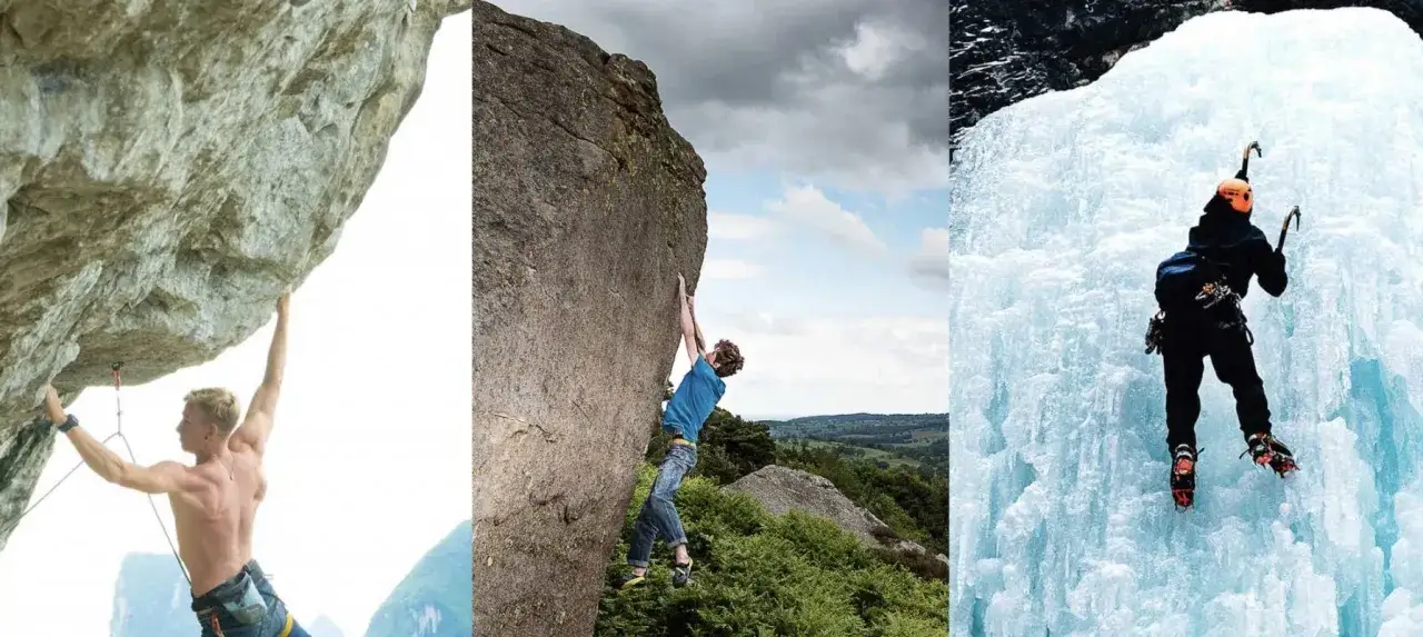 Trzy rodzaje wspinaczki: wspinaczka skalna, bouldering i wspinaczka lodowa.