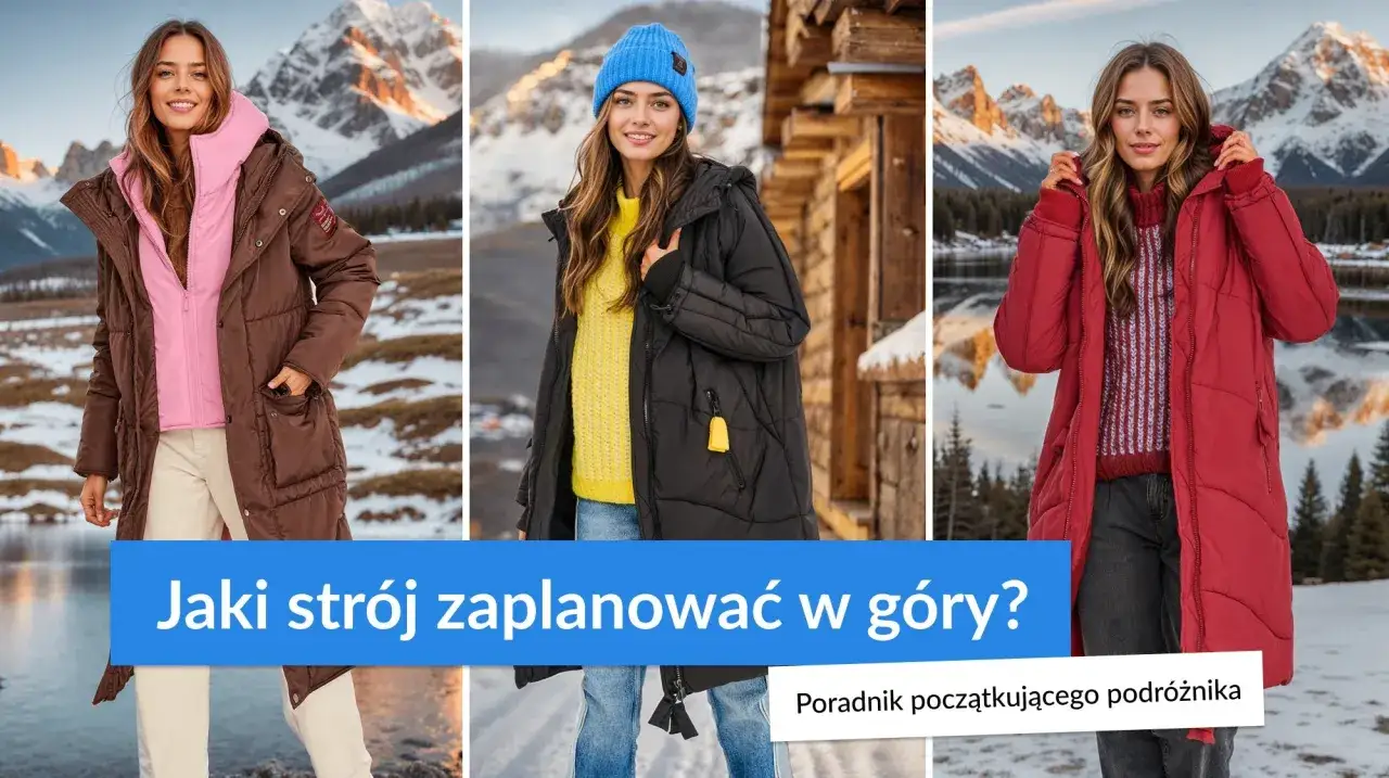 Trzy kobiety prezentują r&oacute;żne opcje stroju w g&oacute;ry damskiego: brązową, czarną i czerwoną kurtkę puchową, idealne na zimową wyprawę.