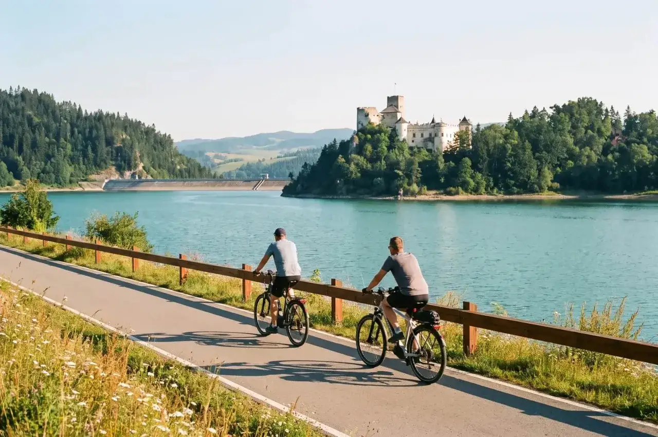 Dwóch rowerzystów na trasie nad jeziorem, w oddali widoczny zamek.