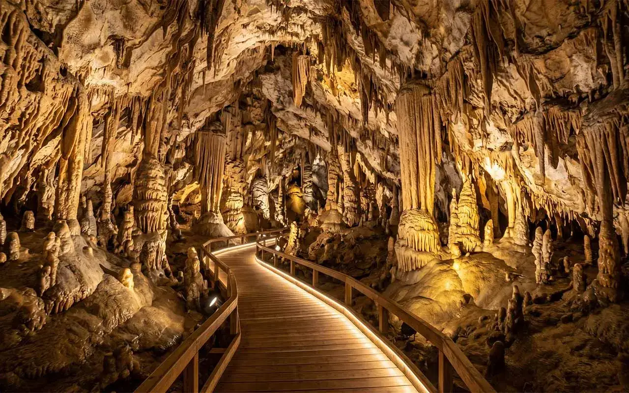 Drewniana ścieżka w jaskini pełnej stalaktytów i stalagmitów. To piękny przykład tego, czym jest speleologia – badanie jaskiń.