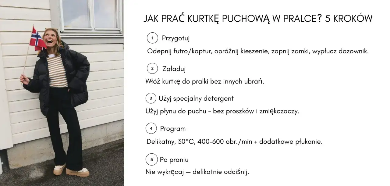 Kobieta w czarnej kurtce puchowej z flagą Norwegii. Instrukcja jak prać kurtkę puchową w pralce krok po kroku.