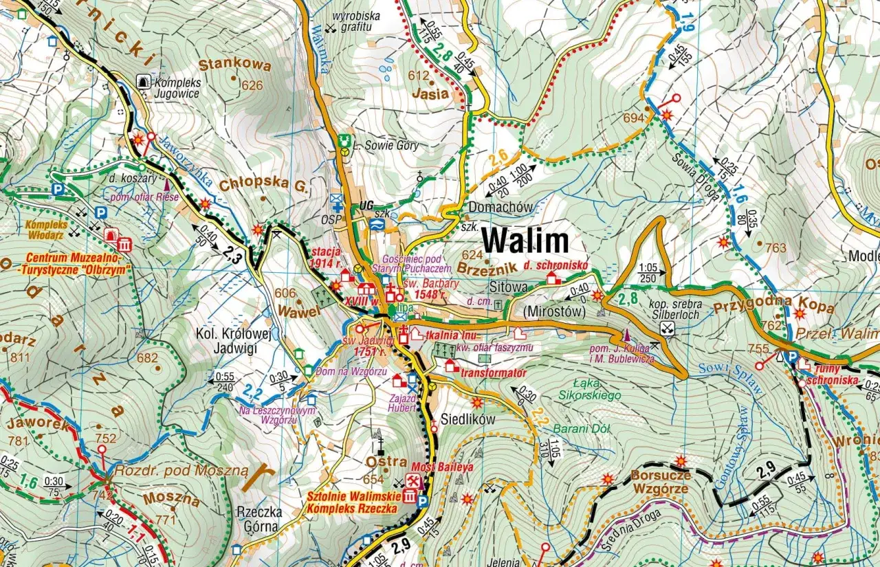 Mapa turystyczna Gór Sowich z zaznaczonymi miejscowościami Walim, Jedlina-Zdrój, Srebrna Góra.