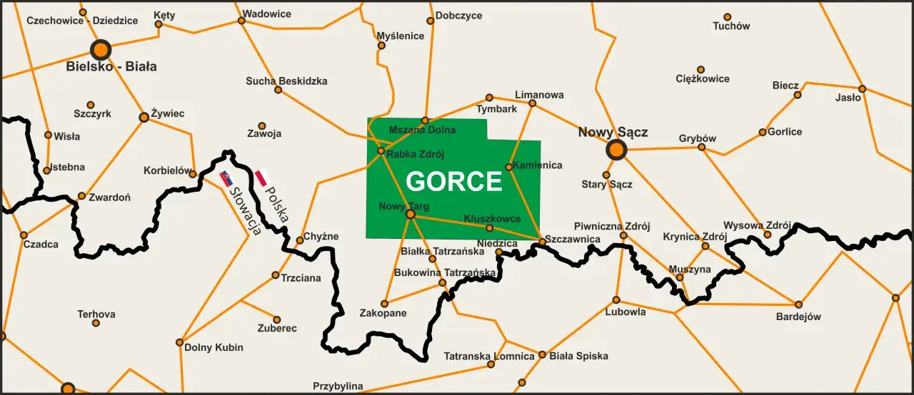 Mapa regionu Gorce z zaznaczonymi miejscowościami i drogami. Widać granice z Polską i Słowacją.