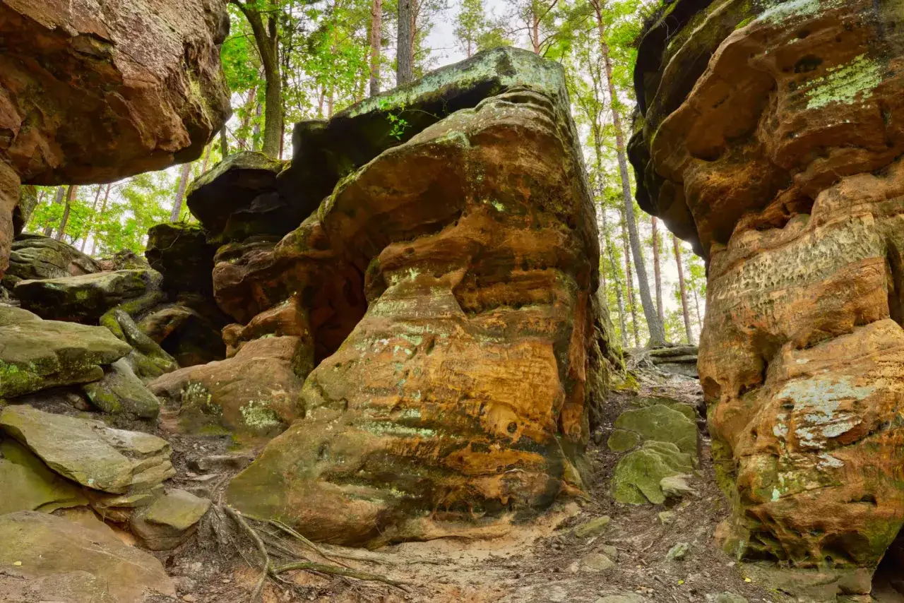 Skałki Piekło pod Nieklaniem, skalne labirynty porośnięte mchem, tworzą niesamowity krajobraz.