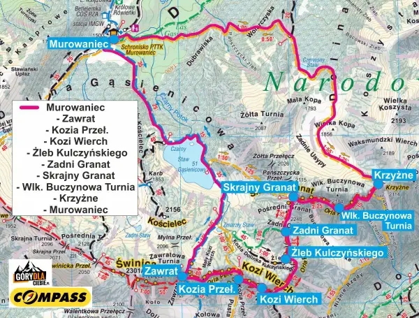 Mapa Tatr z zaznaczonymi szlakami. Widoczny m.in. Kozi Wierch, Murowaniec, Zawrat.