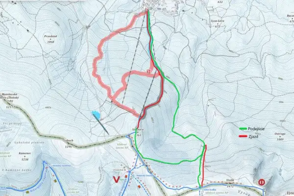 Mapa turystyczna z zaznaczonymi trasami Podejście (zielona) i Zjazd (czerwona) w rejonie Łabskiego Szczytu.