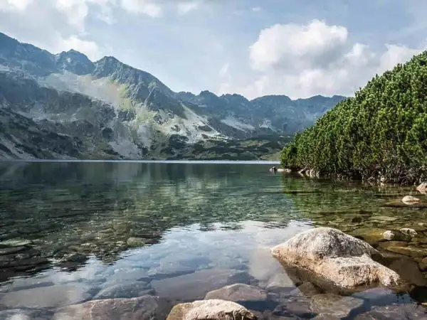 Dolina Pięciu Stawów z dzieckiem w tle, otoczona górami i lasem. Woda krystalicznie czysta, widać kamienie na dnie.