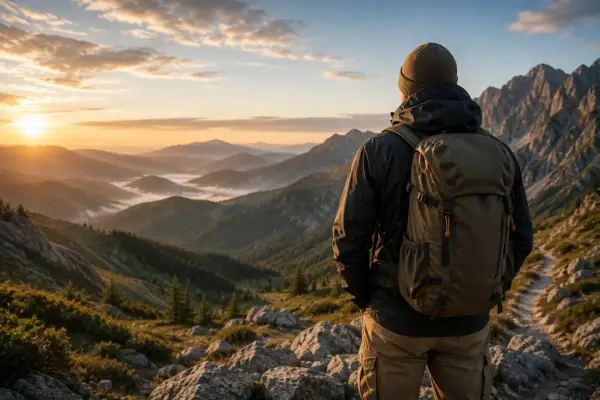 Wędrowiec w plecaku od polskich marek outdoorowych podziwia górski krajobraz o wschodzie słońca.