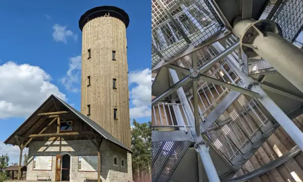 Wieża widokowa na Borówkowej Górze. Drewniana konstrukcja z kamiennym budynkiem u podstawy i metalowymi schodami w środku.
