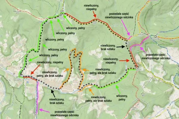 Mapa przedstawia różne rodzaje szlaków turystycznych: wliczone, niewliczone, pełne, niepełne i z brakującym odcinkiem.