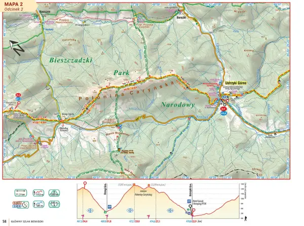 Mapa szlaku **czerwony szlak beskidzki** przez Połoninę Caryńską i Park Narodowy. Widoczne szczyty, schroniska i profile wysokości.