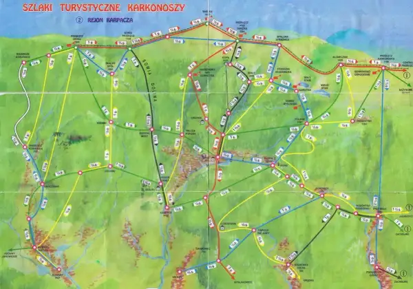 Mapa szlaków turystycznych Karkonoszy, region Karpacza. Gdzie jest Śnieżka? Szlak czerwony prowadzi na szczyt.