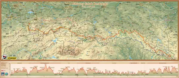 Mapa turystyczna z zaznaczonym Głównym Szlakiem Beskidzkim, biegnącym przez malownicze pasma górskie.