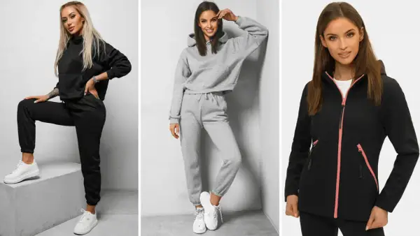 Trzy kobiety prezentują stylowe stroje: czarny dres, szary komplet i czarną kurtkę z różowymi detalami. Idealny strój w góry damski na każdą okazję.