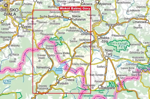 Mapa turystyczna z zaznaczonymi trasami i miejscowościami. Pokazuje skąd na Babią Górę, z zaznaczonymi szlakami i parkami narodowymi.