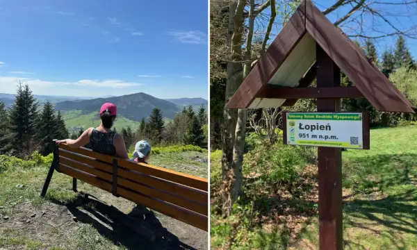 Rodzina odpoczywa na ławce, podziwiając widok na góry. Obok tabliczka informuje o szczycie Łopień, 951 m n.p.m.
