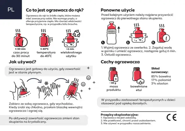 Ilustracja pokazuje, jak działają ogrzewacze do rąk: aktywacja przez przełamanie blaszki, czas pracy, temperatura, wielokrotne użycie i skład.
