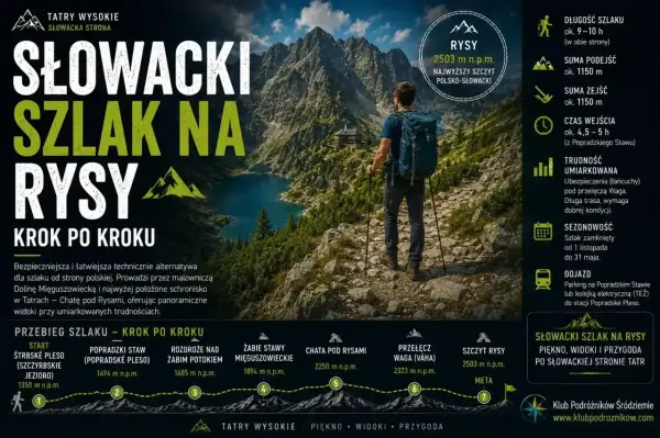 Wędrowiec z plecakiem na szlaku na Rysy, najwyższy szczyt polsko-słowacki. Trasa oferuje piękne widoki.