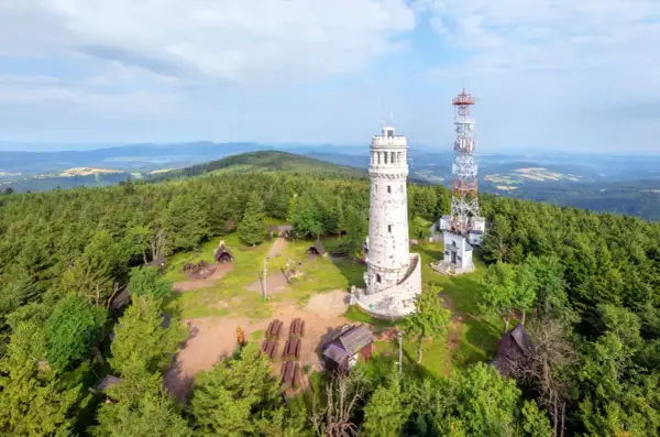 Wielka sowa, jak wieża widokowa, góruje nad lasem. Obok niej maszt telekomunikacyjny i małe chatki.