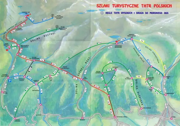 Mapa szlaków turystycznych Tatr Polskich. Kolorowe linie pokazują trasy Tatry, łącząc popularne punkty jak Morskie Oko, Dolina Kościeliska i Kuźnice.