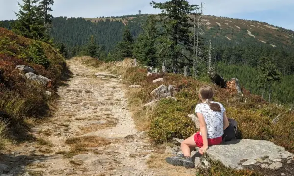 Dziewczynka odpoczywa na kamieniu przy kamienistej ścieżce. W oddali widać las i wieżę widokową. To piękna **śnieżnik trasa**.