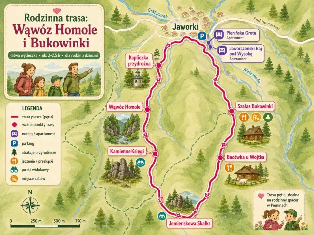 Rodzinna trasa przez Wąwóz Homole i Bukowinki, czas przejścia ok. 2-2,5 h. Idealna na spacer z dziećmi.
